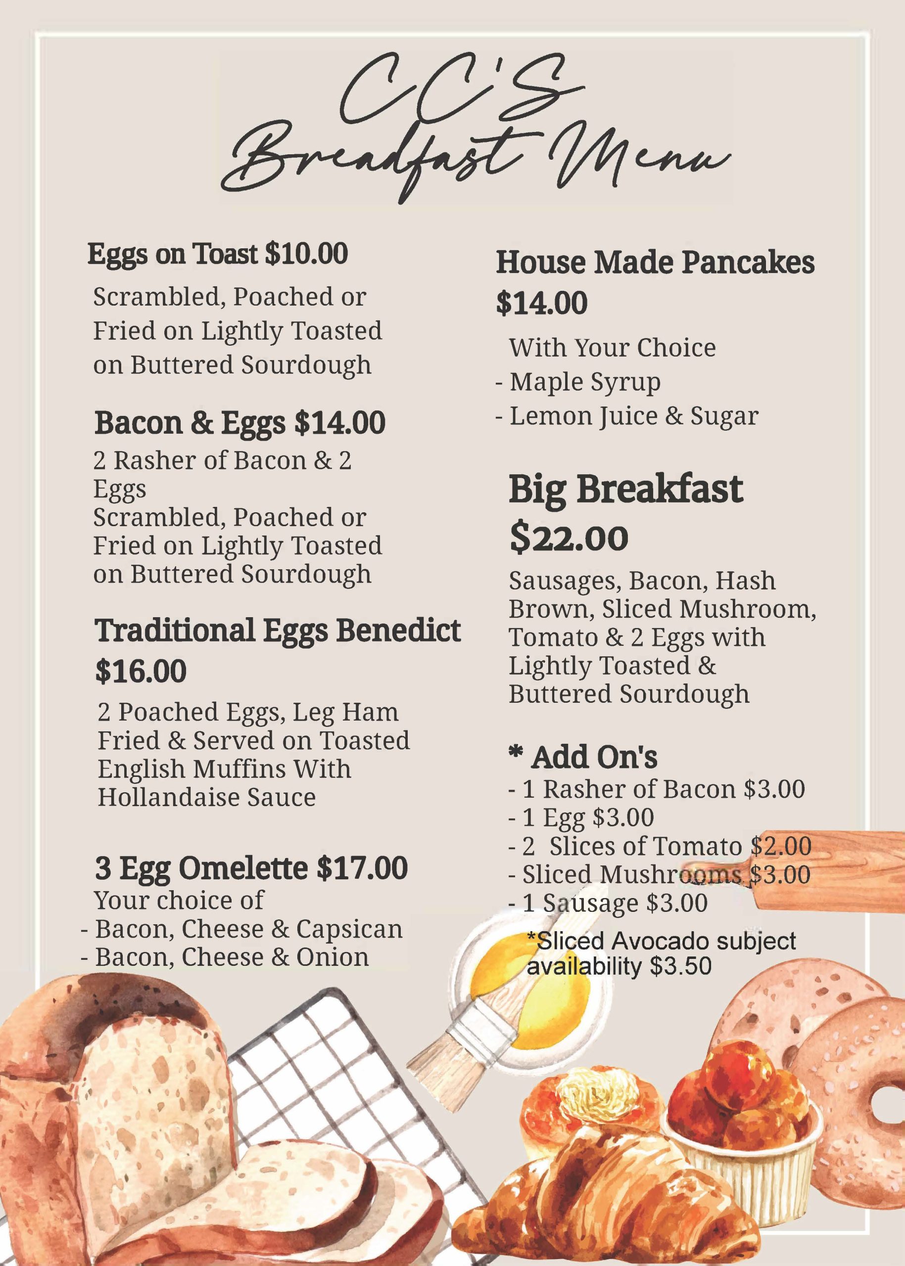 Breakfast menu at CC's Restaurant